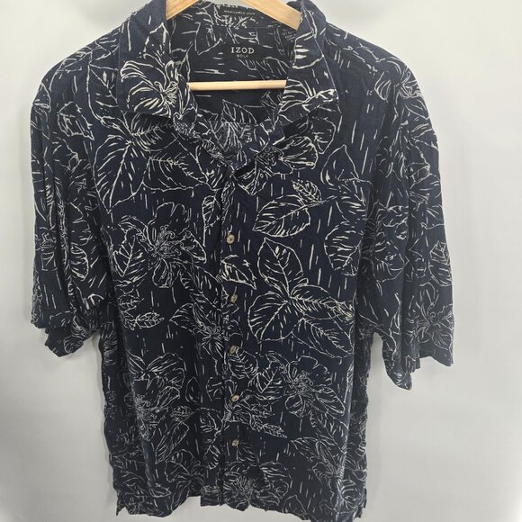 Izod Golf Navy Hawaiian Washable Silk Rayon Button Down Shirt Large - Picture 1 of 11